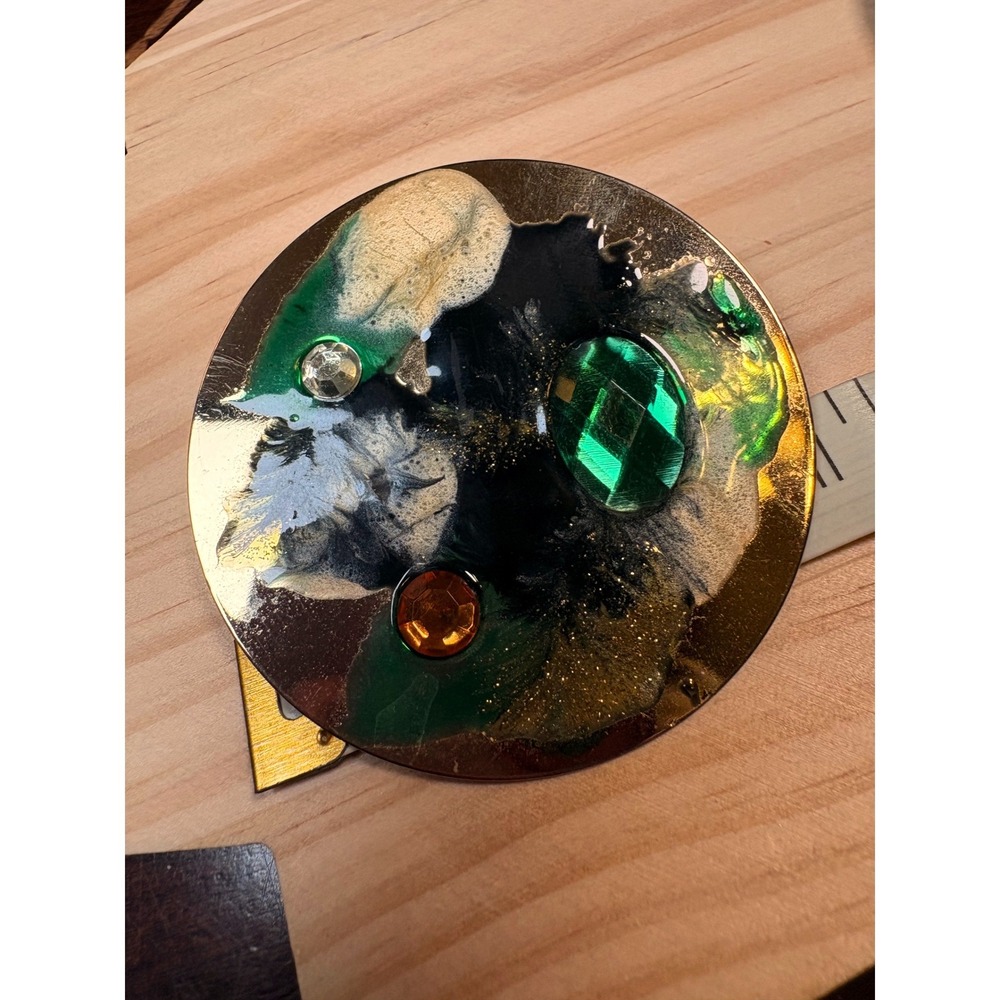 Art Deco Statement Earrings Womens Bold Green Gold Good Abstract Resin Oversized - Picture 5 of 7